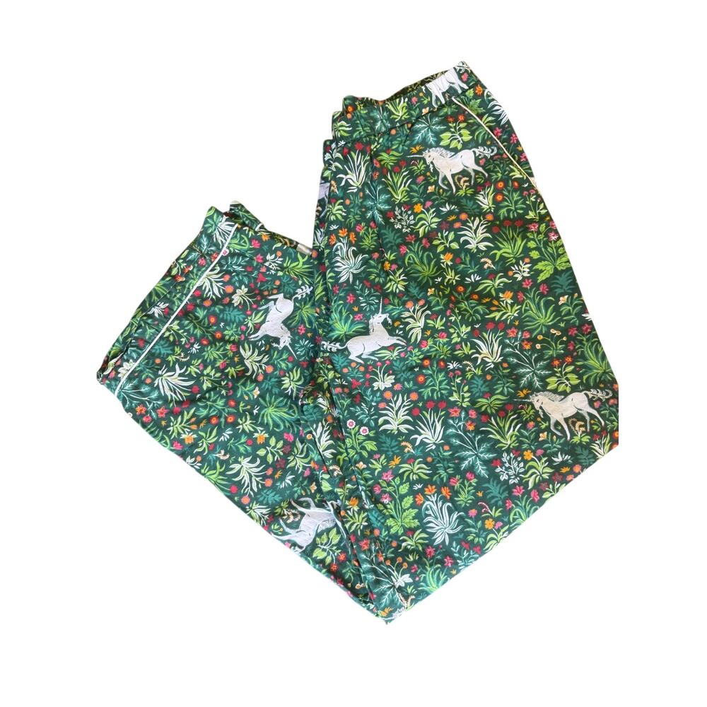 PRINTFRESH UNICORN'S GARDEN PAJAMA PANTS XS GREEN FLORAL ORGANIC COTTON UNICORN